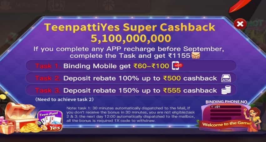 teenpati yes super cashback bonus